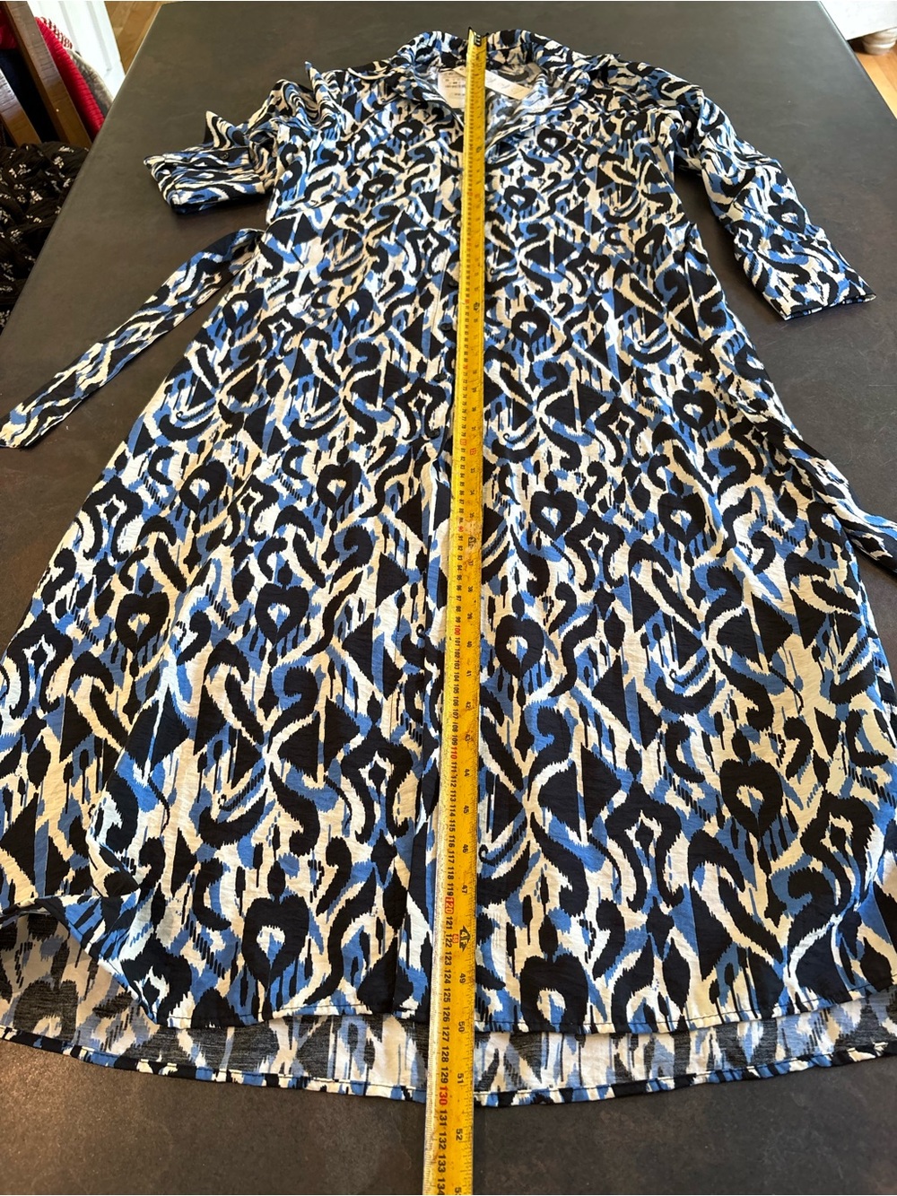 Zara Blue and Cream Ikat-Print Long Sleeve Maxi Shirt Dress with Tie Small - Picture 10 of 10